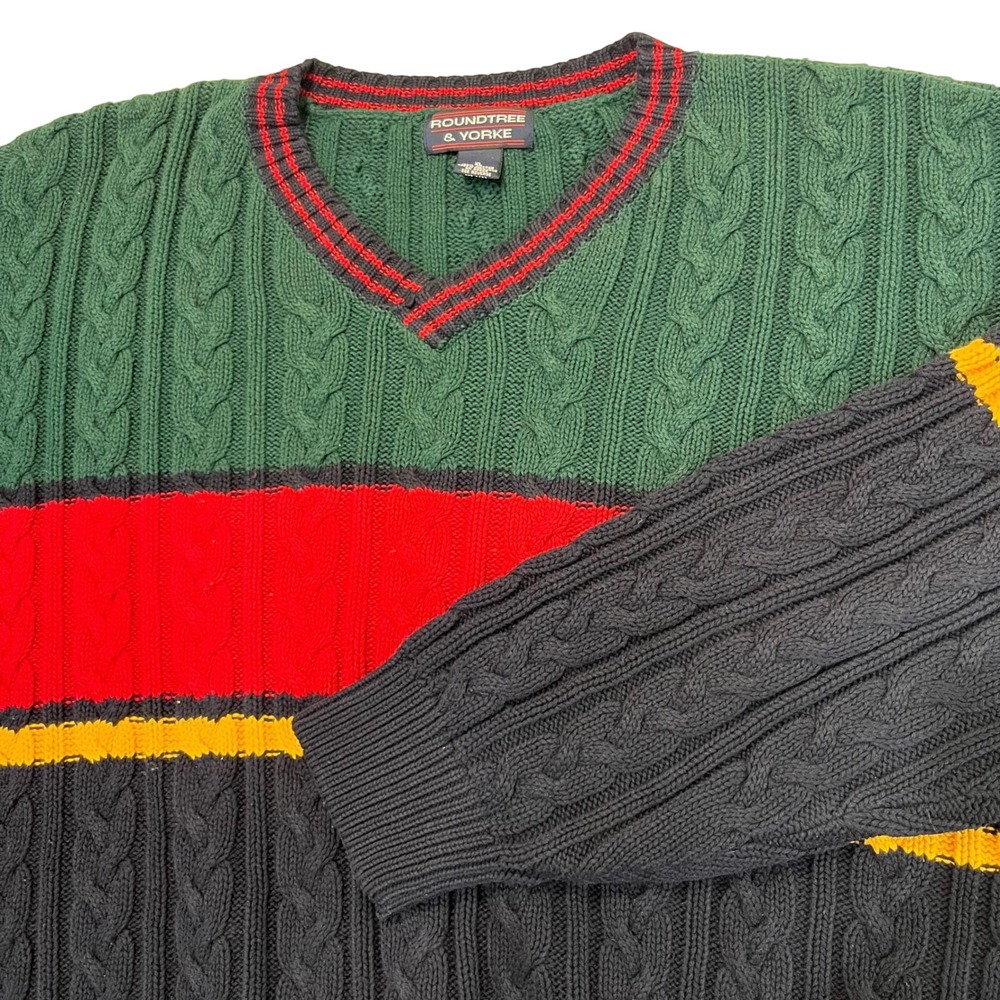 Vtg Roundtree‎ & Yorke Mens XL Chunky Stripe Cable Knit V Neck Sweater Y2K 90s